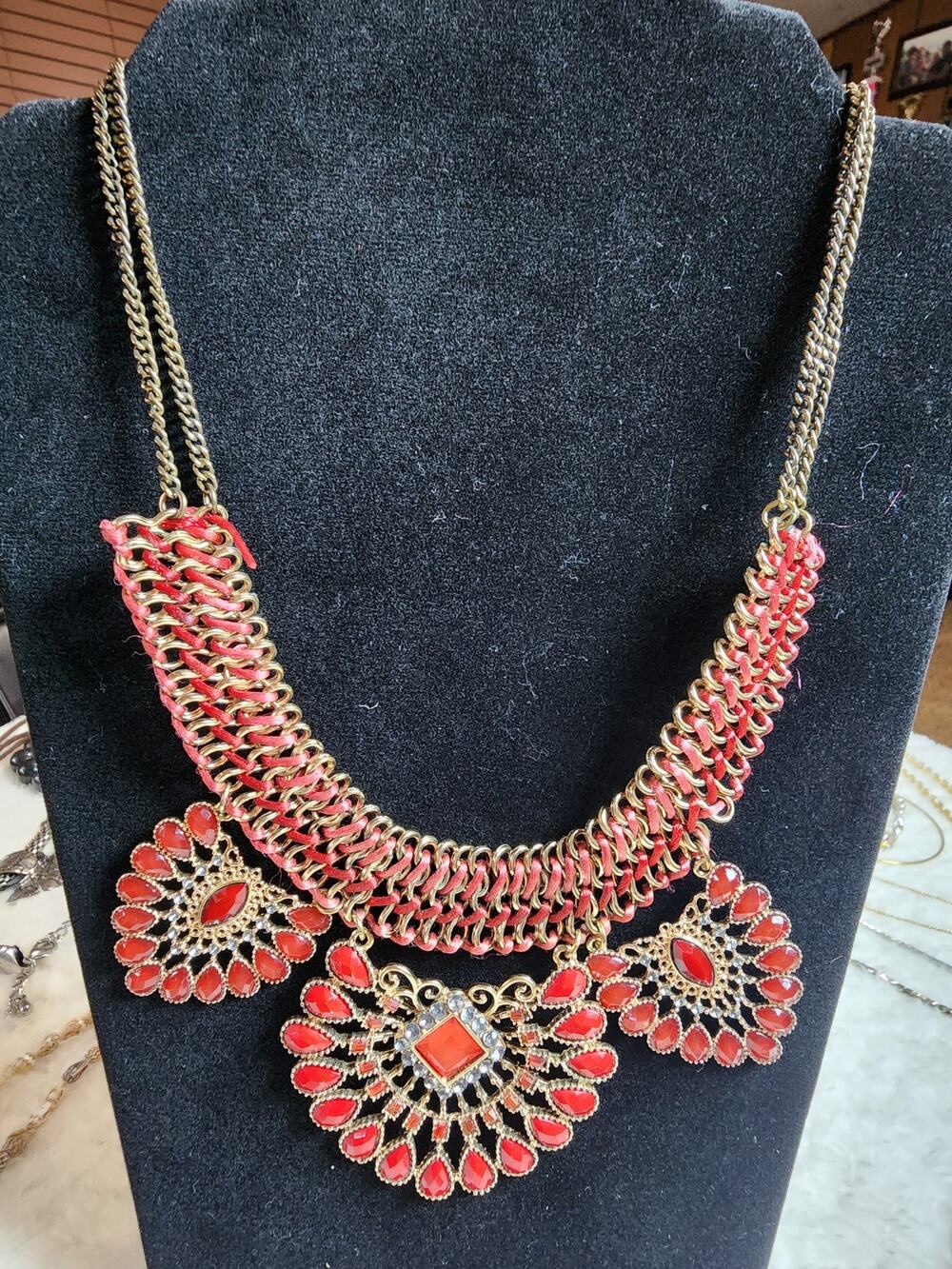 Cara New York Style Woven Bib Collar Coral Red Tribal Statement Necklace